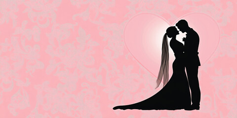 Fototapeta premium Silhouette of Bride and Groom in Romantic Pose Against Pink Floral Background, Heart Shape, Wedding Theme.