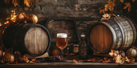Autumn beer scene with barrels, glass of beer, pumpkins, and leaves showcasing seasonal harvest ambiance.