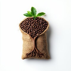 Rustic burlap sack with coffee beans and green leaves on a clean white background, symbolizing growth and nature