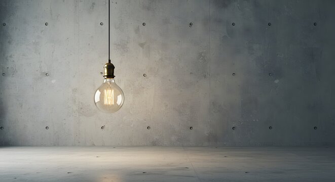 ingle hanging light bulb in an empty room with concrete walls, minimalist lighting concept