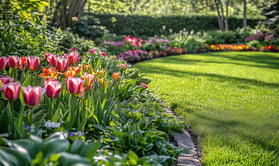 Vibrant flower garden with blooming tulips, colorful blossoms, and lush green grass.