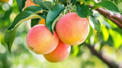 Close up of ripe peaches hanging on a tree branch in an orchard