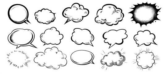 Collection of retro comic speech bubbles and word balloons for graphic design, pop art projects, and vintage-style illustrations
