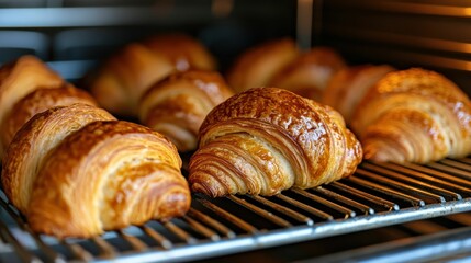 Close-up of croissants baking in oven on wire rack, golden brown perfection.