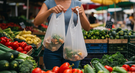 A shopper holds two plastic bags filled with fresh produce at an outdoor market, showcasing healthy eating and supporting local farmers.