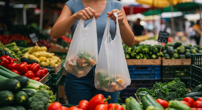 A shopper holds two plastic bags filled with fresh produce at an outdoor market, showcasing healthy eating and supporting local farmers.