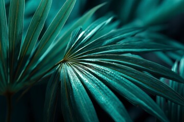 Close-up of Teal Palm Frond Texture with Sunlight and Elegant Design