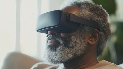 Man with gray beard wearing virtual reality headset indoors in bright light looking up thoughtfully