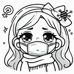 Cartoon outline of a little girl wearing a face mask 