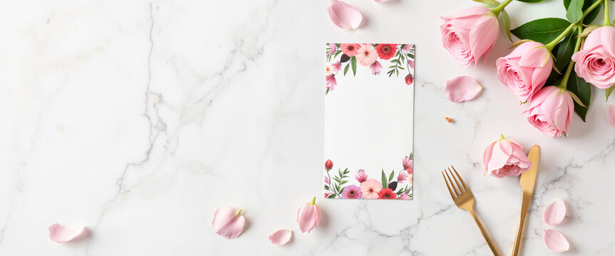 Elegant floral wedding menu with scattered petals on marble surface, romance