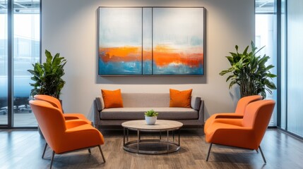 A stylish living room featuring orange chairs, gray sofa, & abstract art.