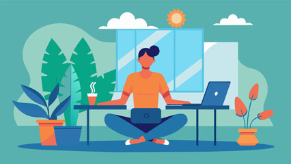 Fototapeta premium An office worker taking a break from their desk and engaging in a virtual yoga session with serene nature backgrounds.. Vector illustration