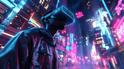 Man wearing vr headset in a neon lit cyberpunk city with futuristic buildings and vibrant colors all around