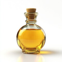 Glass bottle with golden liquid isolated on white background