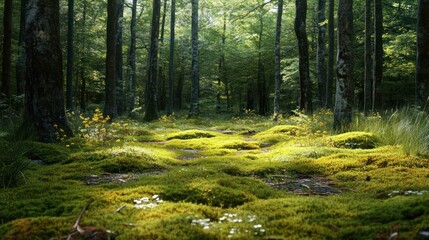 Obraz premium Sunlight filters through trees illuminating mossy forest floor.