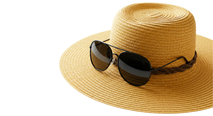 A straw sun hat with a braided band and aviator sunglasses resting on the brim on a black background