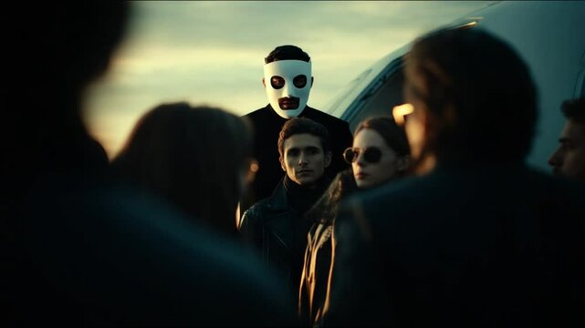 Imposter Wearing a Mask Surrounded by a Crowd in an Urban Setting Generative AI