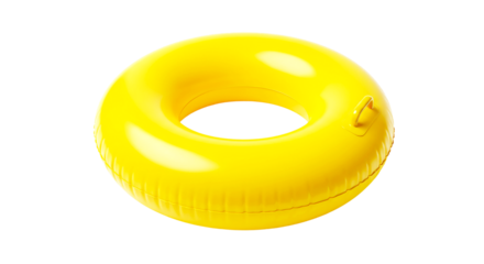 A close up view of a bright yellow inflatable ring floatation device on a black background space around it