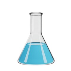 3d erlenmeyer flask with blue liquid stock photo isolated on white background