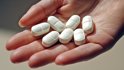 A hand holds a cluster of white pills.