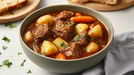 A bowl of hearty beef stew with potatoes and carrots. Comforting food.