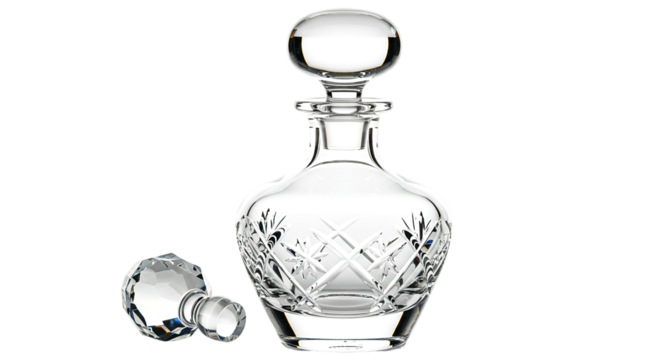A crystal decanter with intricate designs and a spherical stopper on a black background display piece