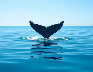 Fototapeta premium A stunning whale tail breaks the surface of calm blue waters, creating gentle splashes as it disappears back beneath the ocean Generative AI