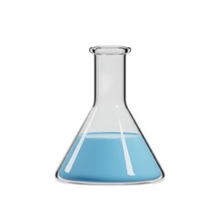 3d laboratory glassware: erlenmeyer flask with blue liquid isolated on white background