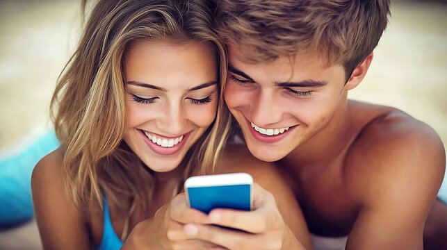 Smiling couple engrossed in their phone.