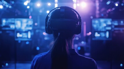 Woman Wearing Vr Headset Experiencing Immersive Virtual Reality Environment at Convention