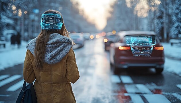 Woman pedestrian navigating a city street with augmented reality.