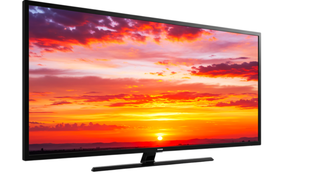 Television displaying a vibrant sunset with orange and red hues in a dark room setting indoors