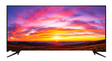 A television displaying a vibrant sunset over a mountainous landscape with colorful clouds above it