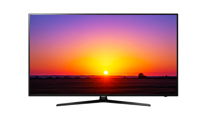 Television displaying a vibrant sunset over a field against a black background in a studio setting