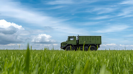 Military Truck In Wheat Field Under Sunny Sky