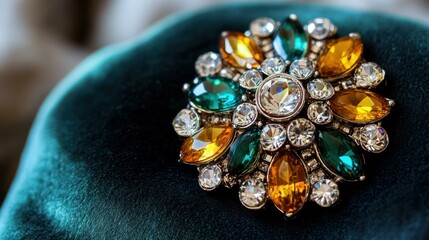 Naklejka premium Close-up of a colorful jeweled brooch on plush velvet. Elegant and vintage style.