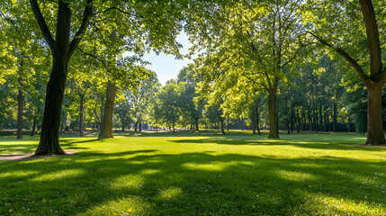Obraz premium Sunny Park With Lush Trees And Grass