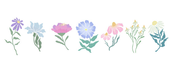 Botanical flower and leaf vector illustration set. Flowers and leaves colorful doodle art for print, wallpaper, clipart, wall art. Hand drawn flat design art.