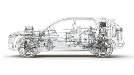 Detailed Line Art Drawing Of A Car's Structure