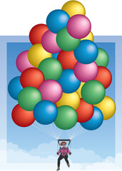 cluster ballooning, female balloonist in flight suspended under a cluster of balloons against a blue sky
