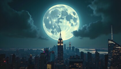 Stunning nightscape a vivid city under a giant moonlit sky, digital art of fantasy landscape concept.