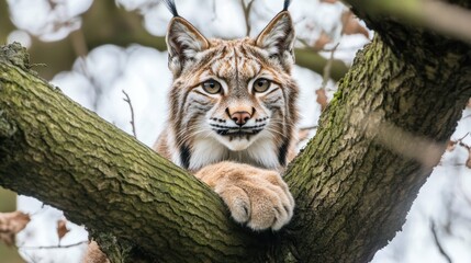 A lynx peers down from a tree branch, its eyes focused and paws visible.