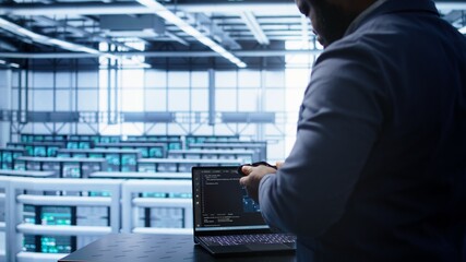 Engineer in server hub works with artificial intelligence computerized model simulating human...