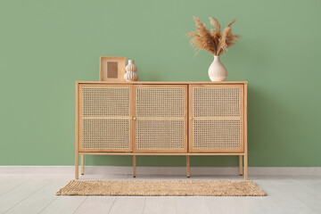 Modern chest of drawers with pampas grass and decor near green wall in room