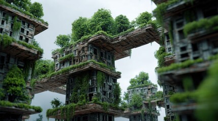 Fototapeta premium Futuristic bio-architecture cityscape organic skyscrapers, buildings intertwined with lush greenery, plant-covered facades, elevated walkwaysม eco-friendly urban design under cloudy sky, 8k rendering