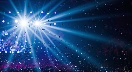 Fototapeta premium Dynamic celebration atmosphere with colorful confetti falling, illuminated by bright stage lights in a festive setting