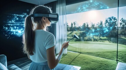 Woman with vr headset playing golf in virtual reality with golf club in a modern bright room setup