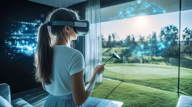 Woman with vr headset playing golf in virtual reality with golf club in a modern bright room setup