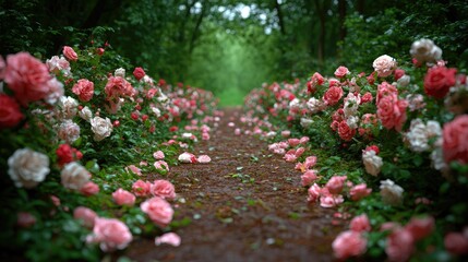 Fototapeta premium Serene garden path with pink and white flowers tranquil nature photography