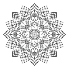 Mandala Design, black and white mandala illustration featuring intricate floral patterns and geometric shapes